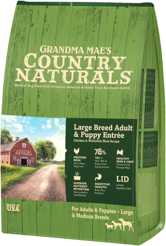 Grandma Mae’s Country Naturals Dry Dog Food, Large Breed Formula, Chicken, Fish & Brown Rice, Slow Cooked & Nutrient Dense, Made in USA