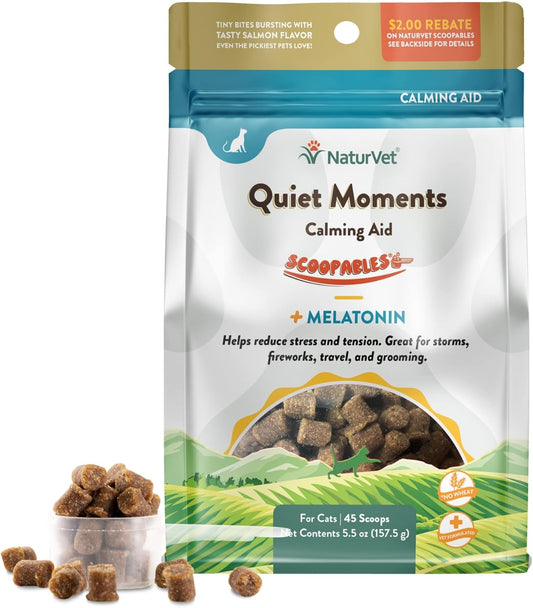 NaturVet Scoopables Quiet Moments Cat Calming Aid - Promotes Calm with Stressful Events Storms, Fireworks, Travel, Separation Anxiety - Cat Health Supplement w/Melatonin - Salmon Flavored