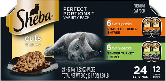 Sheba Perfect Portions Wet Cat Food Cuts in Gravy Variety Pack, Roasted Chicken Entree, and Tender Turkey Entree