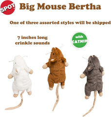 SPOT Big Mouse Bertha Cat Toy with Catnip – Lifelike Plush Mouse, Crinkle Sound, Large 7in Size, for Cuddling, Chasing, Playing – Assorted Colors