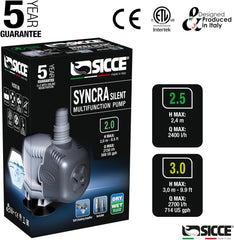 SICCE Syncra Silent 3.0 Multifunction 714 GPH Submersible Water Pump | Italian Made 48W Ultra Quiet Durable Aquarium Fish Tank, Fountain, Pond, Hydroponics, Terrarium Black | Freshwater & Saltwater