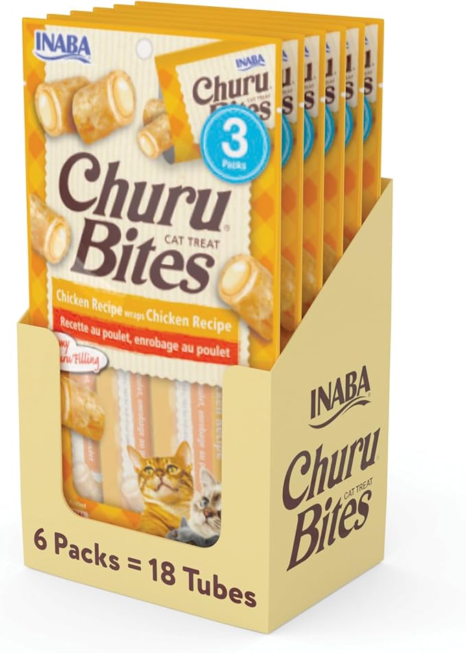 INABA Churu Bites for Cats, Soft Baked Chicken Churu Filled Cat Treats with Green Tea Extract, 0.35 Ounces Each Tube, 18 Tubes Total (3 per Pack), Chicken Recipe