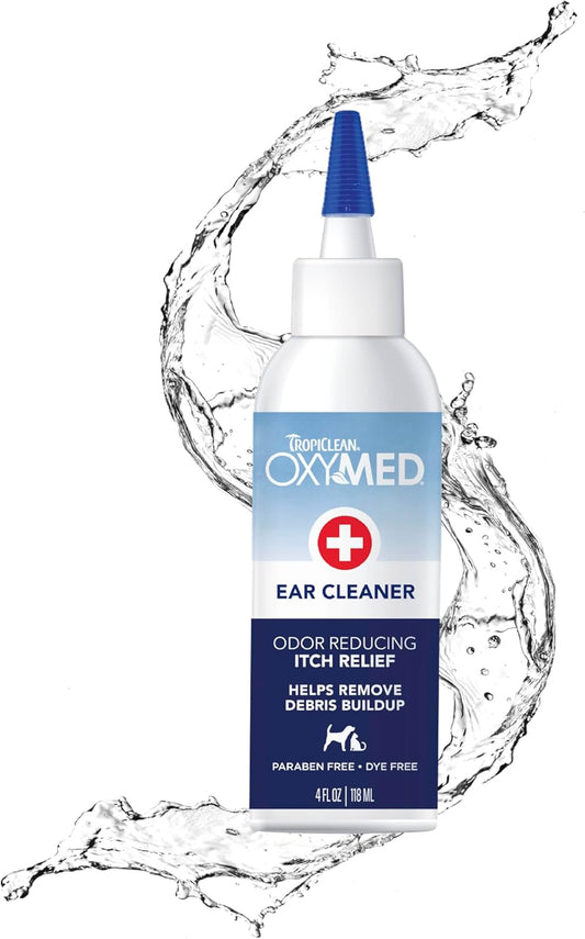 TropiClean OxyMed Preventative Dog Ear Cleaner, Vet Recommended Ear Cleaning Solution for Itch Relief, Daily Wash Drops, Safe for Cats, USA Made 4 oz