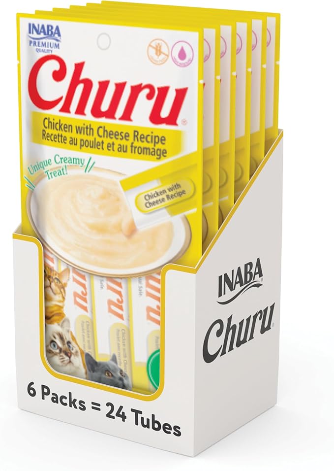 INABA Churu Cat Treats, Grain-Free, Lickable, Squeezable Creamy Purée Cat Treat/Topper with Vitamin E & Taurine, 0.5 Ounces Each Tube, 24 Tubes (4 per Pack), Chicken Recipe (Copy)