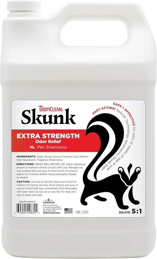 TropiClean Deodorizing Skunk Shampoo for Dogs - Extra Strength Skunk Odor Remover - 24 Hour Fast Relief 1 gal