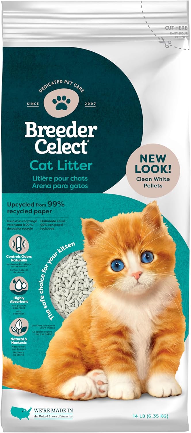Breeder Celect® | 99% Recycled Paper Cat Litter Pellets | Highly Absorbent | Odor Control | Controls Odors Naturally | Natural and Nontoxic | Low Dust and Easy to Clean |