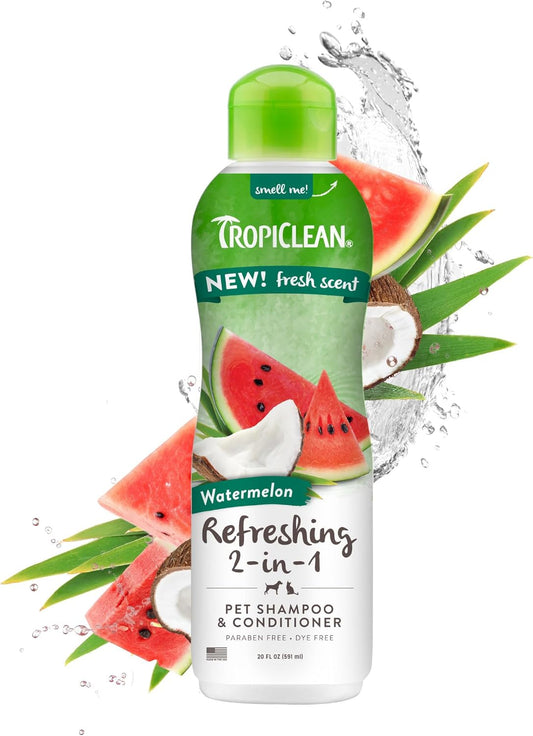 TropiClean 2-in-1 Dog Shampoo and Conditioner, Moisturizing Dog Detangler, Puppy Safe, Made in the USA, Watermelon Scent, Cat & Kitten Safe