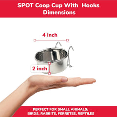 SPOT Stainless Steel Coop Cup with Wire Hooks – Durable, Chew-Resistant Food Bowl for Cages and Crates, Ideal for Feeding Birds, Parrots, Rabbits, Ferrets, and Reptiles