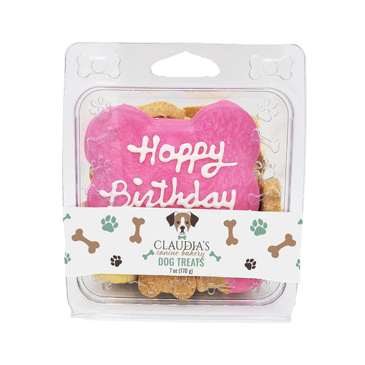 Claudia's Canine Bakery Pink Happy Birthday Dog Cookie Clamshell, 7 Ounces, Baked in The USA