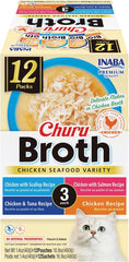 INABA Churu Broth for Cats, Creamy Broth with Shredded Chicken Side Dish Pouch, 1.4 Ounces per Pouch, 12 Pouches, Chicken & Seafood Variety