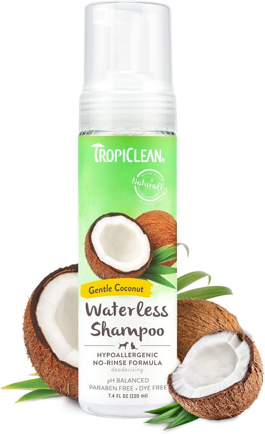 TropiClean Hypoallergenic Waterless Dog Shampoo | Dry Shampoo for Allergies & Sensitive Skin | Safe for Cats | Puppies & Kittens 7.4 oz