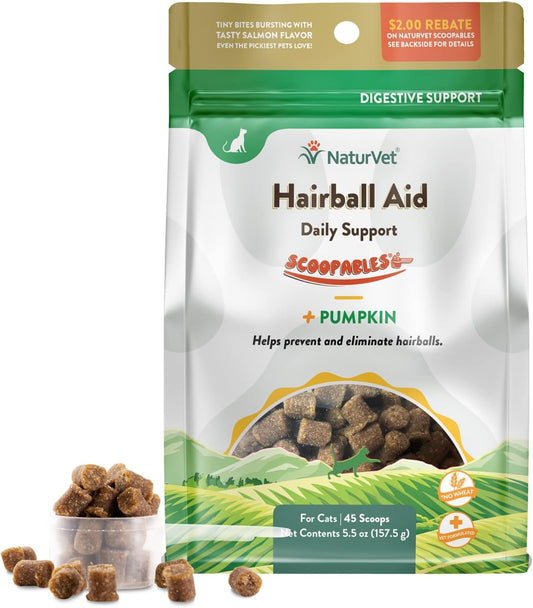 NaturVet Scoopables Hairball Aid for Cats - Helps Prevent & Eliminate Hairballs - Psyllium Husk & Pumpkin - Salmon Flavored Cat Health Supplement - Tastes Like Treats & Prevents Hairballs