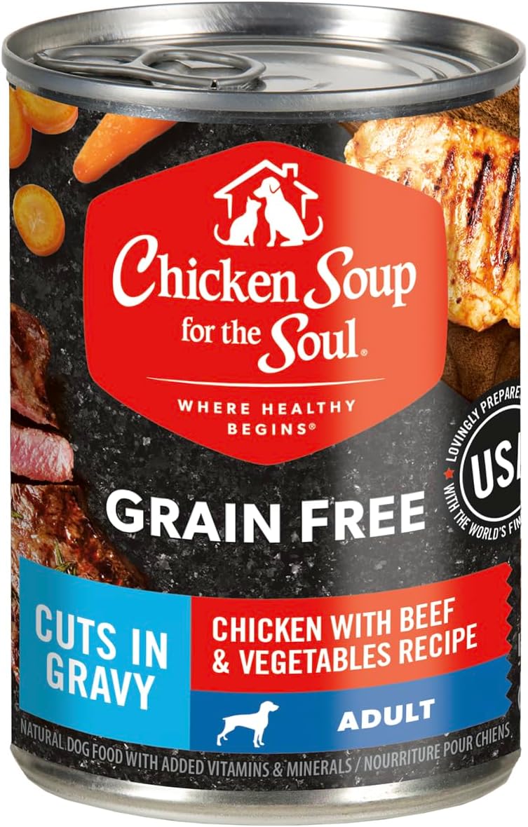 Chicken Soup for the Soul All Natural Premium Grain-Free All Life Stage Wet Dog Food, Real Meat First Ingredient, No by-Products, Chicken with Beef & Vegetables Cuts in Gravy, 13oz (Pack of 12)