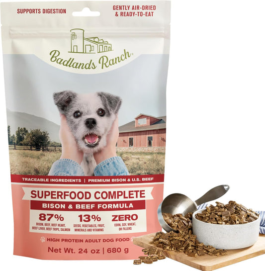 BADLANDS RANCH - Superfood Complete, Air-Dried Adult Dog Food - High Protein, Zero Fillers, Superfood Nutrition by Katherine Heigl (11.5 oz, Beef & Bison Formula)