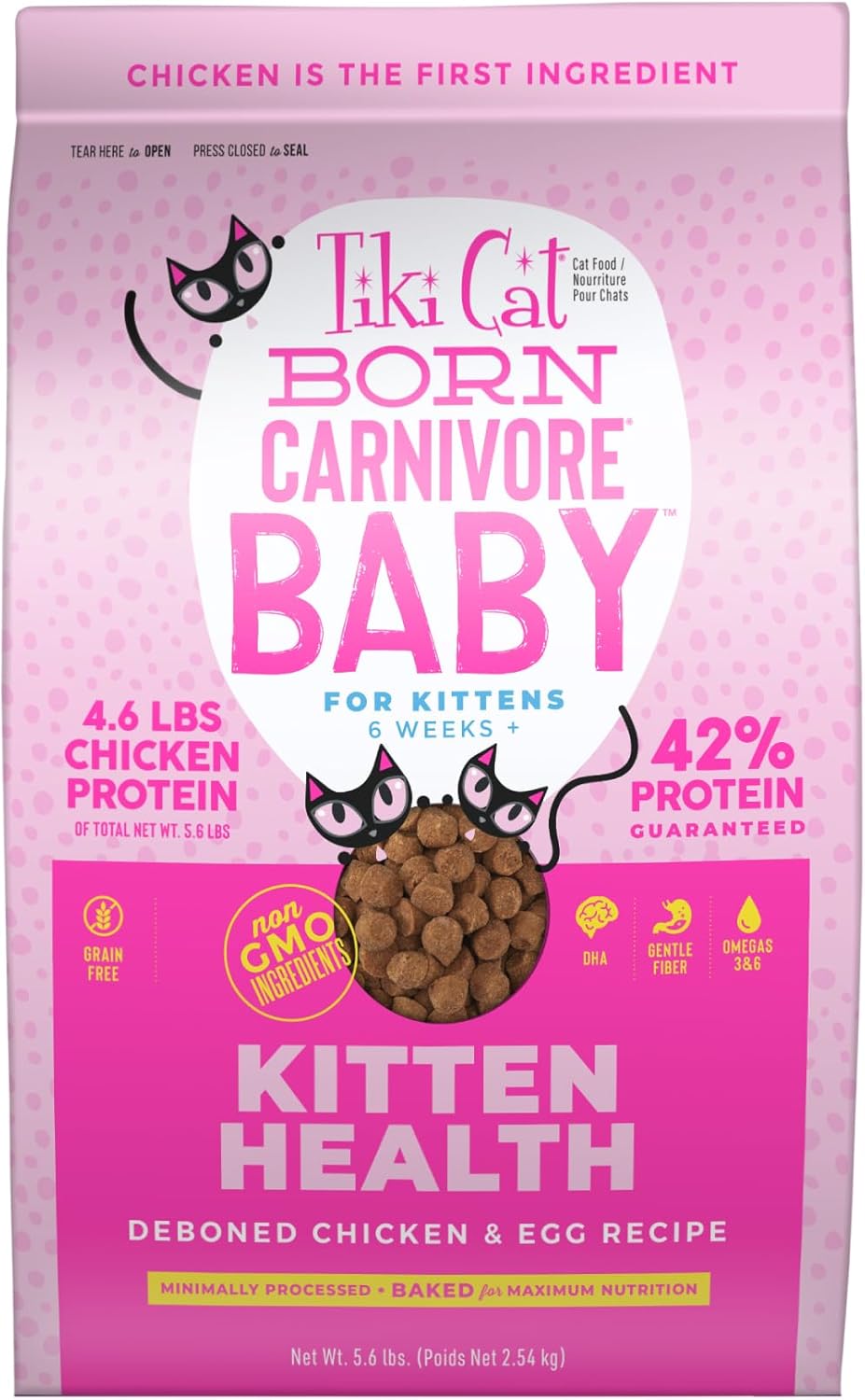 Tiki Cat Born Carnivore Baby, High-Protein and Grain-Free, Complete and Balanced Dry Cat Food for Kittens 6 Weeks+