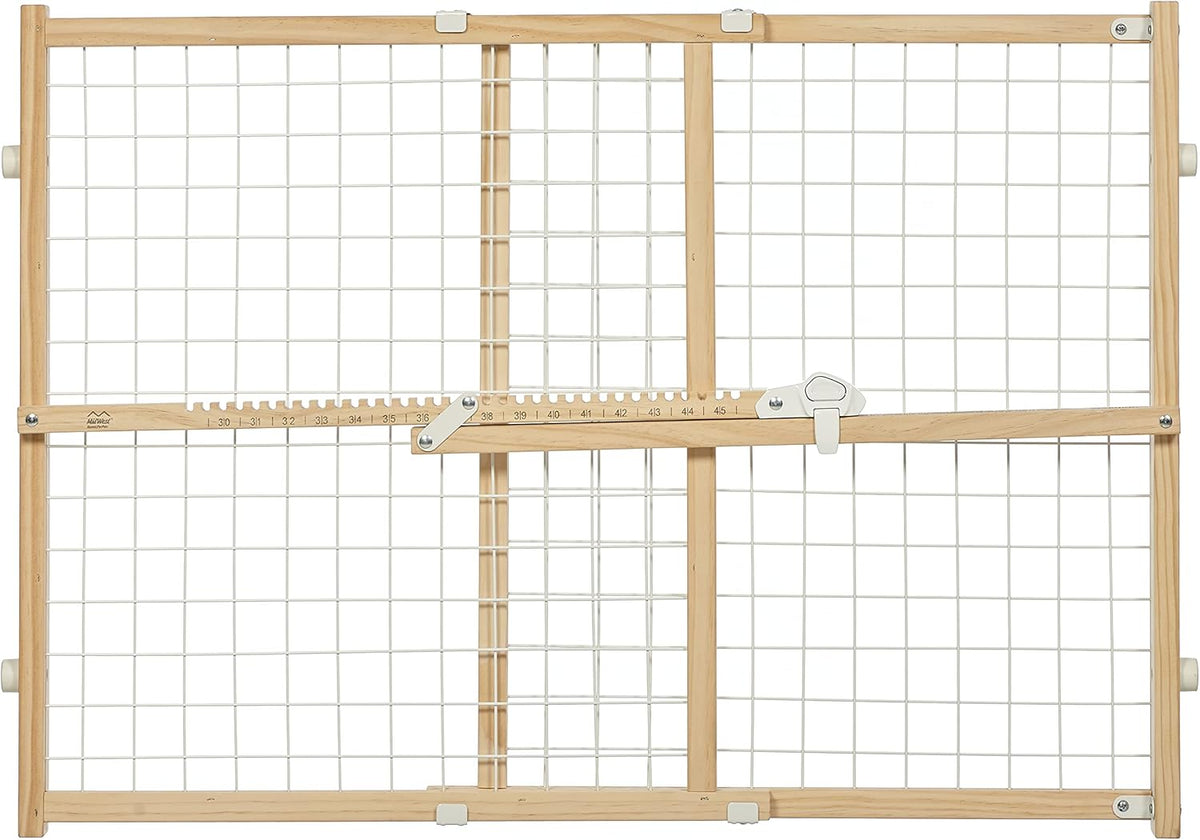 MidWest Homes for Pets Wire Mesh Pet Safety Gate, Pressure Mounted Dog Gate, Natural Wood & White Powder Coated Wire Mesh