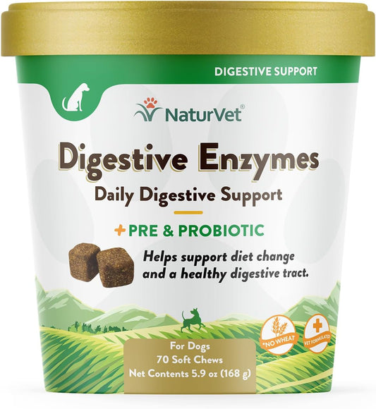 NaturVet – Digestive Enzymes - Plus Probiotics & Prebiotics – Helps Support Diet Change & A Healthy Digestive Tract – for Dogs & Cats (Soft Chews, 70 Count)