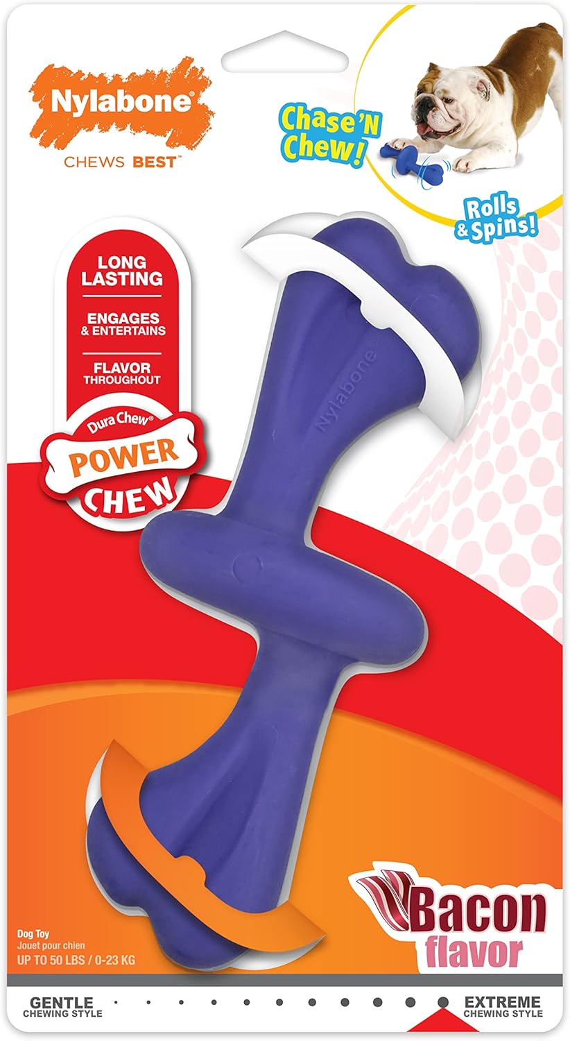 Nylabone Rolling Dog Toy Power Chew Dog Toy for Aggressive Chewers - Spin and Chase Dog Toy - Bacon Flavored Chew Toy for Dogs - Large/Giant (1-Count)