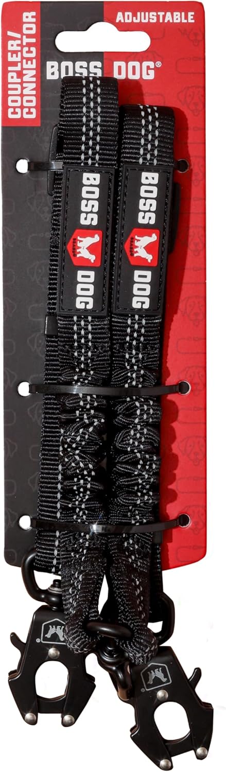 Boss Dog Tactical Dual Bungee Coupler Leash Attachment, Black, Adjustable 18-24 in