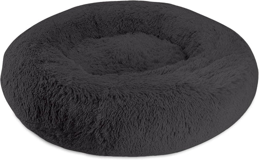 Arlee Donut Round Pet Dog Bed - Memory Foam - Calming Reduce Anxiety - Shaggy Vegan Fur - Assembled USA, Black