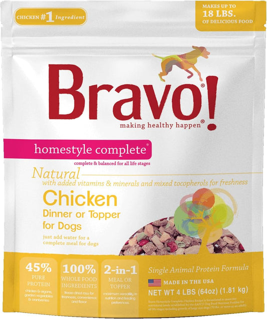 Bravo! Homestyle Complete Freeze Dried Raw Dog Food or Topper, 4 Pounds, Add Water to Rehydrate for up to 18 Pounds of Food, Grain Free, Gluten Free