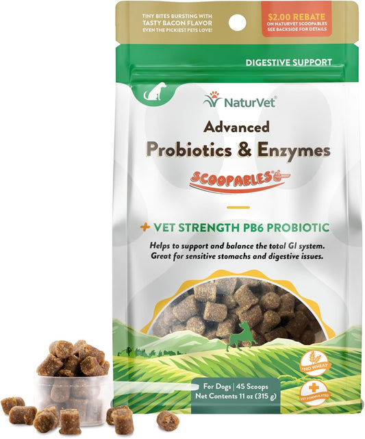 NaturVet Scoopables Advanced Probiotics for Dogs - Chewable Dog Probiotics & Digestive Enzymes - Support a Healthy Gut for Your Pet - Hickory Smoked Bacon Flavor