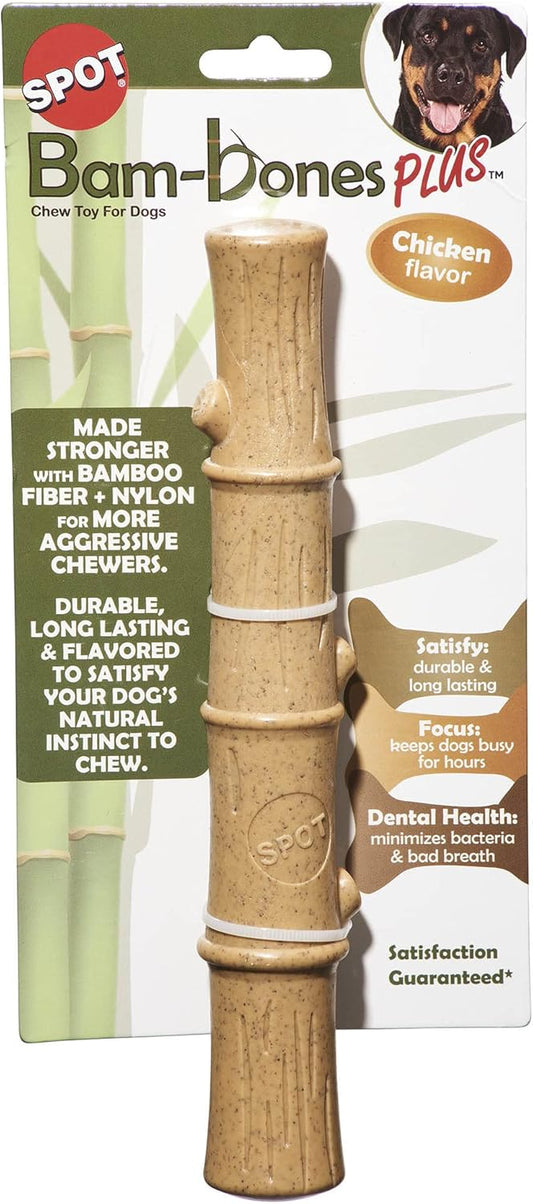 SPOT Bam-Bones Plus Bamboo Stick - Bamboo Fiber & Nylon, Durable Long Lasting Dog Chew for Aggressive Chewers – Great Toy for Adult Dogs & Puppies Under 90lbs, Non-Splintering, Chicken Flavor