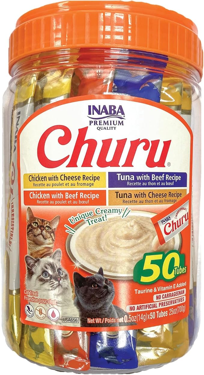 INABA Churu Cat Treats, Grain-Free, Lickable, Squeezable Creamy Purée Cat Treat/Topper with Vitamin E & Taurine, Beef & Cheese Variety
