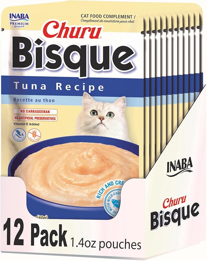 INABA Churu Bisque for Cats, Creamy Lickable Purée Side Dish with Vitamin E, 1.4 Ounces per Pouch, 12 Pouches, Tuna Recipe