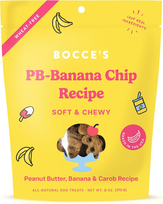 Bocce's Bakery PB Banana Chip Recipe Treats for Dogs, Wheat-Free Everyday Dog Treats, Real Ingredients, Baked in The USA, All-Natural Soft & Chewy Cookies, Peanut Butter, Bananas, & Carob, 6 oz