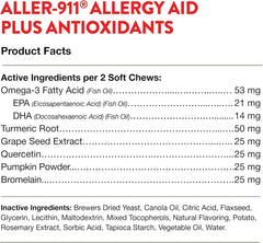 NaturVet Aller-911 Advanced Allergy Aid for Dogs, Cats – Antioxidant-Rich Pet Supplement with Omegas, DHA, EPA – Helps Support Dog Immune System, Cat Respiratory Health, Skin Moisture 70 Soft Chews