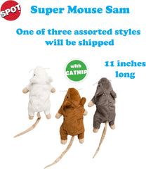 SPOT Super Mouse Sam with Catnip - Lifelike Cat Toy, Fuzzy Mice with Catnip and Crinkle Sound, Extra Large Size for Cuddling, Kicking, Chasing, Playing - 11in Plush Toys, Assorted Colors
