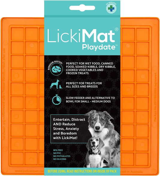 LickiMat Classic Playdate Slow Feeder for Dogs Lick Mat Boredom Anxiety Reducer Perfect for Food Treats Yogurt Liquid Food Peanut Butter Fun Alternative to a Slow Feed Dog Bowl, Orange