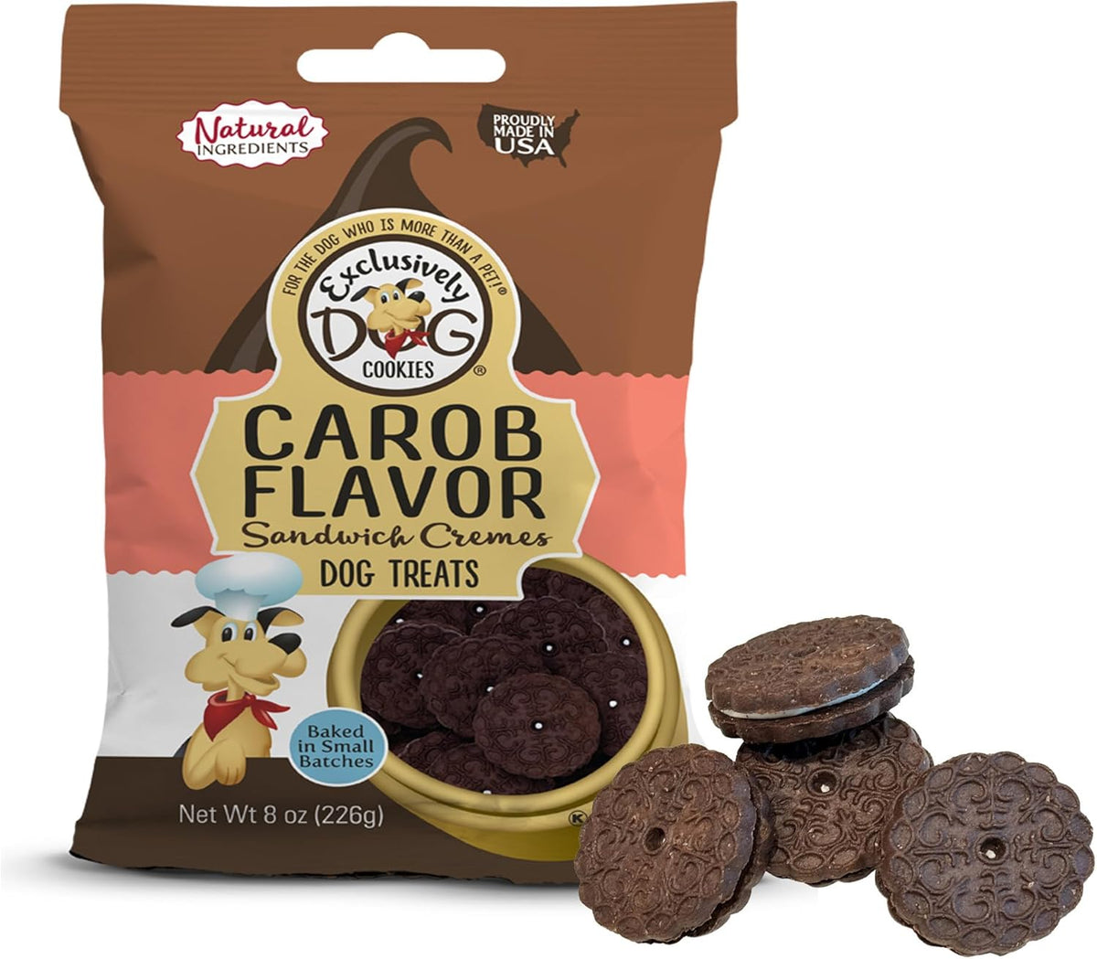 Exclusively Dog Carob Sandwich Cremes Cookies - All Natural Dog Treats, No Animal Byproducts, Baked in The USA, Ideal for Medium to Large Dogs - Carob Flavor, 8oz Bag