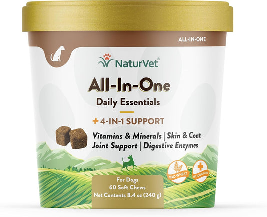 NaturVet All-in-One Dog Supplement - for Joint Support, Digestion, Skin, Coat Care – Dog Multivitamins with Minerals, Omega-3, 6, 9 – Wheat-Free Vitamins for Dogs – 60 Soft Chews