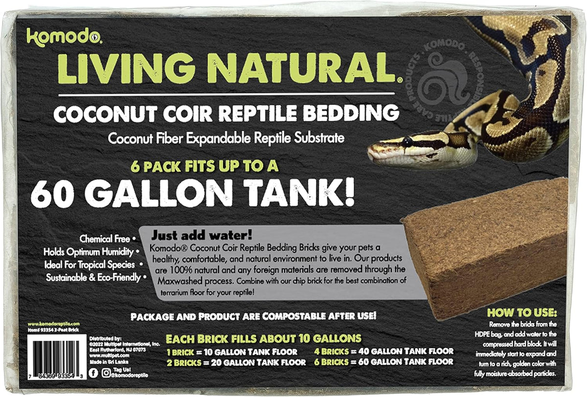 Komodo Coconut Coir Peat 3 Brick Pack | 100% Natural Coconut Coir Reptile Terrarium Habitat Bedding | for Tropical or Desert Environments | Fits up to a 60 Gallon Tank