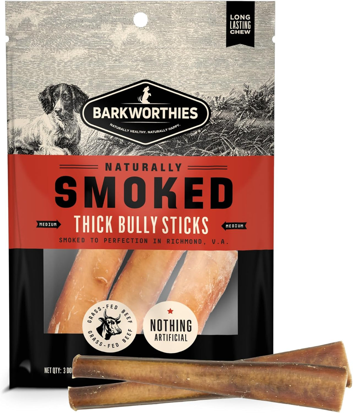 Barkworthies USA Hickory Smoked Thick Bully Sticks - 6 Inch 3 Count (Pack of 1) - All-Natural, Smoky Aroma, Great for Large Breeds