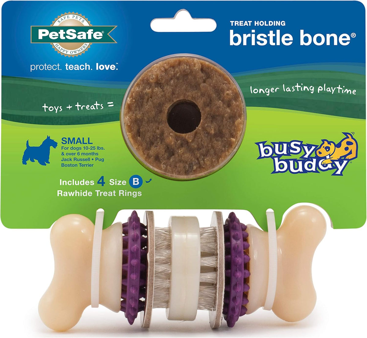 PetSafe Busy Buddy Bristle Bone Dog Toy - Treat-Holding Toy for Dogs - Treat Rings Included - Rigorously Tested Ingredients - Purple