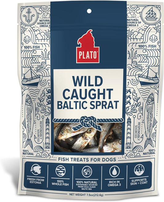 PLATO Pet Treats Fish Dog Treats - Air-Dried, Single Ingredient Dog Treat - with Omega 3 & 6 Fatty Acids to Support Skin and Coat - 100% Whole Fish - Wild Caught Baltic Sprat Dog Treats - 7.5 oz