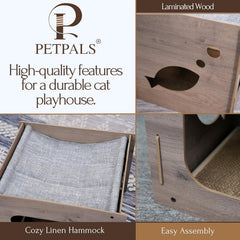 Petpals 2 in 1 Cat House with Corrugate Scratching Pad, Cozy pet Hideaway, Replaceable Scratching Pat, Cat Scratching Cardboard, Easy to Assemble,15x15x19 inches