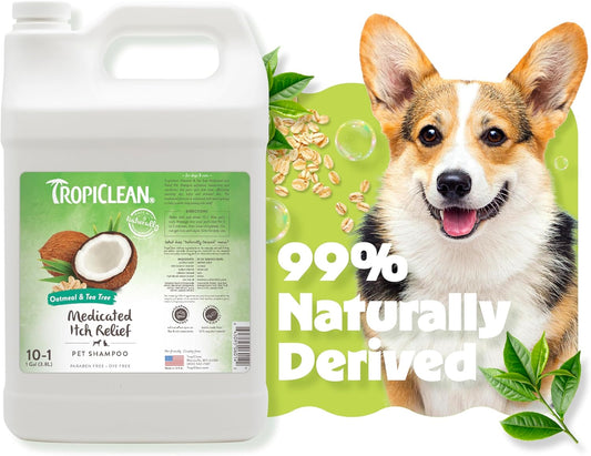 TropiClean Oatmeal Dog Shampoo for Itchy Skin Relief, Professional Dog Shampoo, Soothing Medicated Itch Relief, Puppy Safe 1 gal