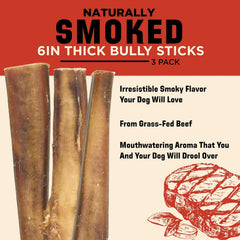 Barkworthies USA Hickory Smoked Thick Bully Sticks - 6 Inch 3 Count (Pack of 1) - All-Natural, Smoky Aroma, Great for Large Breeds