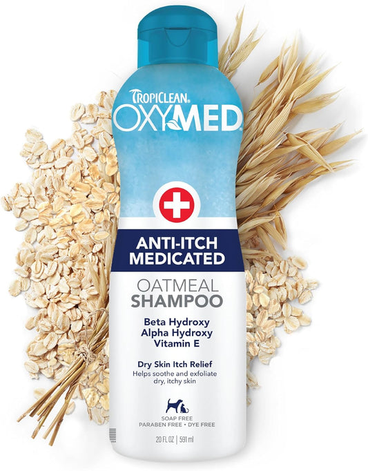 TropiClean OxyMed Dog Shampoo for Allergies and Itching , Medicated Oatmeal Shampoo for Dry Itchy Skin, Seborrhea, & Hot Spots 20 oz