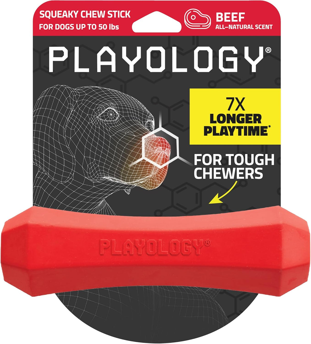 Playology Squeaky Chew Stick Dog Toy for Large to X-Large Dogs 50 lbs & up | Engaging All-Natural Beef Scented Chew Toy for Tough Chewers | Easy to Clean & Non-Toxic Materials