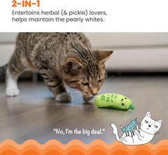 Petstages Catstages Crunchy Pickle Kicker Toy with Catnip and Dental Mesh, Pickle Shape, Plush and Crinkle Cat Toy for Kicking, Tossing, and Teeth Cleaning, Green