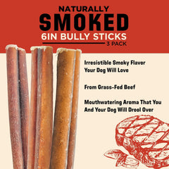 Barkworthies USA Hickory Smoked Bully Sticks - 6 Inch 3 Count (Pack of 1) - All-Natural, Smoky Aroma, Great for Large Breeds