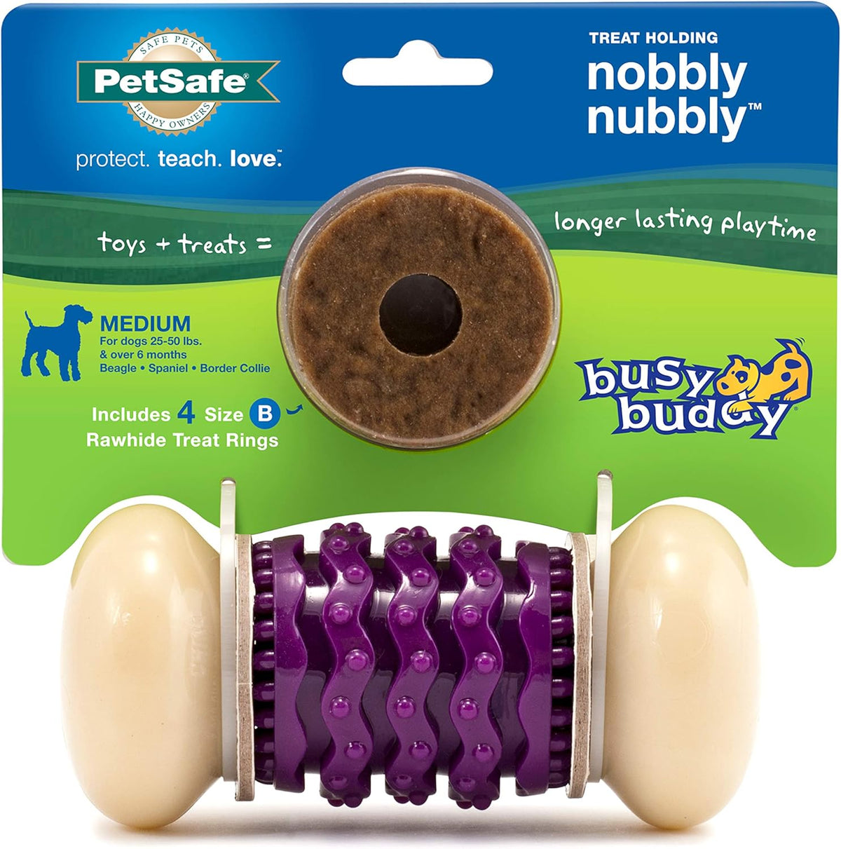 PetSafe Busy Buddy Nobbly Nubbly Treat Holding Dog Toy – Strong Chewers – Challenging - Treat Rings Included - Multi Color