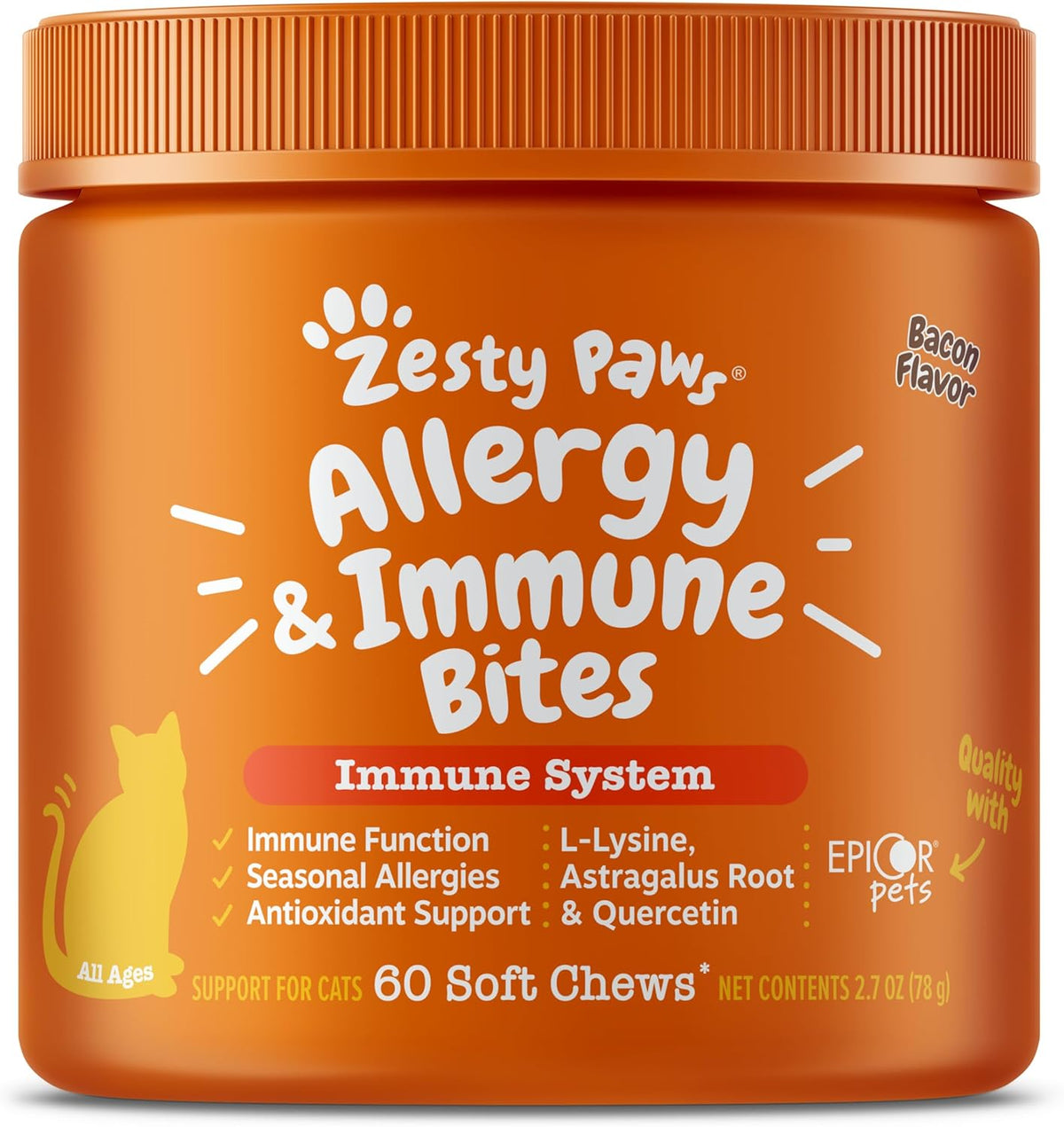 Zesty Paws Cat Allergy Relief - Anti Itch Supplement - Omega 3 Probiotics - Salmon Oil Digestive Health - Soft Chews for Skin & Seasonal Allergies - with Epicor Pets - Bacon - 60 Count