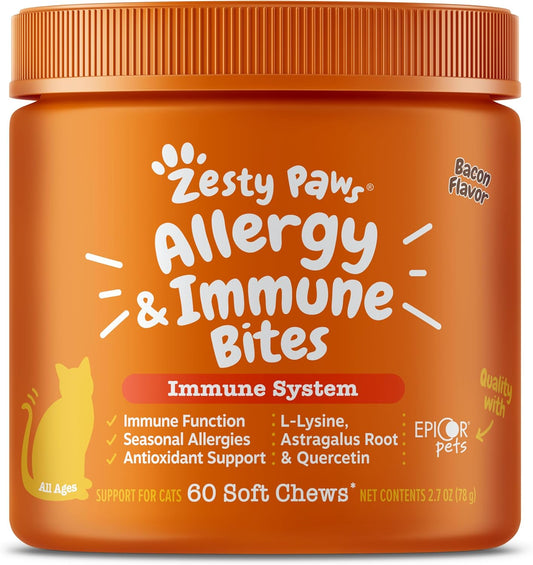 Zesty Paws Cat Allergy Relief - Anti Itch Supplement - Omega 3 Probiotics - Salmon Oil Digestive Health - Soft Chews for Skin & Seasonal Allergies - with Epicor Pets - Bacon - 60 Count