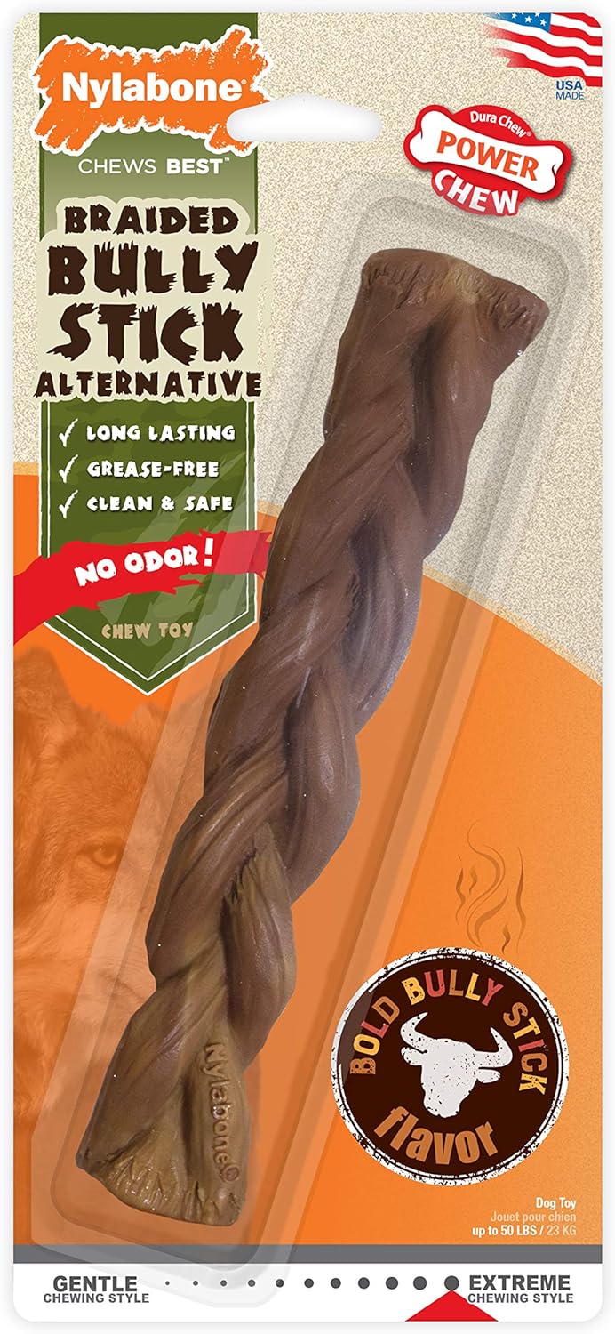 Nylabone Braided Bully Stick Alternative Power Chew Toy for Dogs, Dog Toys for Aggressive Chewers, Beef Flavor